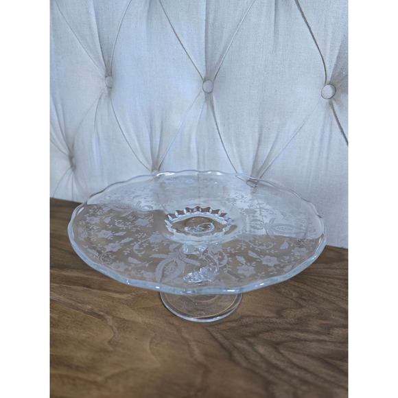Other - Elegant etched glass pedestal cake stand floral pattern